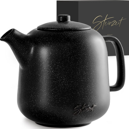 Steinzeit Design Tea Pot with Warmer (44 oz) - Premium Ceramic Teapot with Infuser for Loose Tea - Black Teapot Ceramic with Removable Strainer