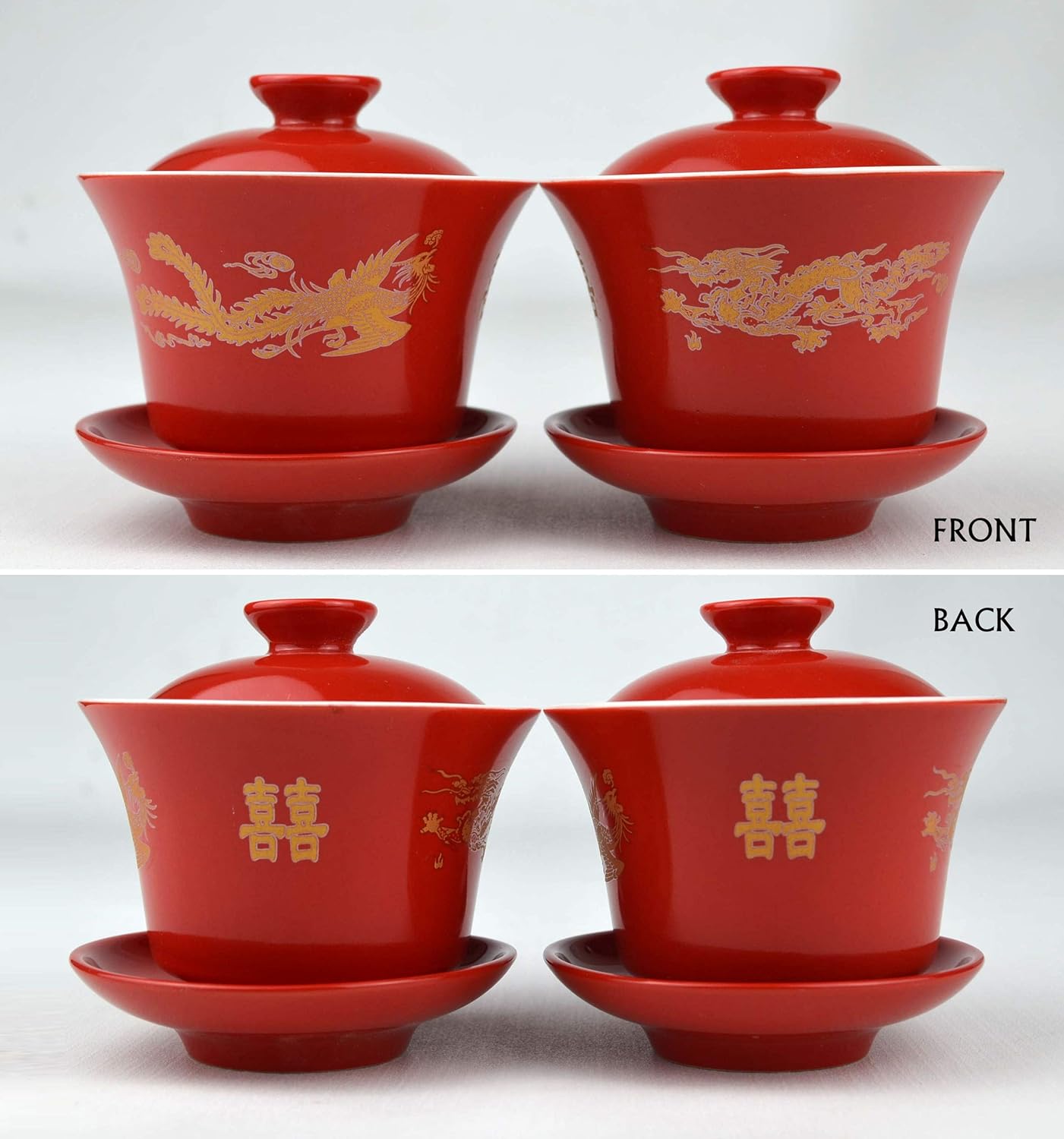 Gaiwan 2 Suits Porcelain Teacups 8oz Cups Chinese Dragon and Phoenix Cover Bowl Saucer Red tureen for Wedding Party (Dragon phoenix)