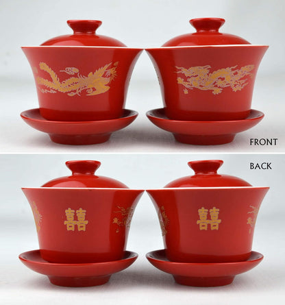Gaiwan 2 Suits Porcelain Teacups 8oz Cups Chinese Dragon and Phoenix Cover Bowl Saucer Red tureen for Wedding Party (Dragon phoenix)