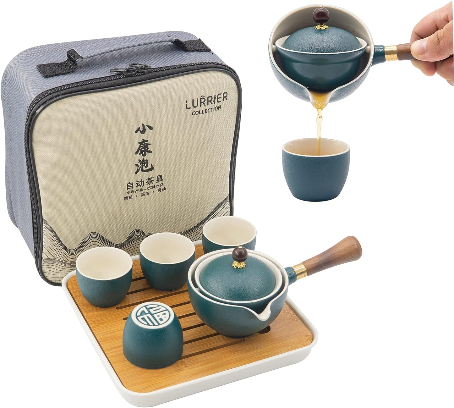 LURRIER 陶瓷中国功夫茶具套装,便携式茶壶套装,带 360 度旋转茶壶和浸泡器,便携式多合一礼品袋,适合旅行、家居、送礼、户外和办公室(花蓝色)