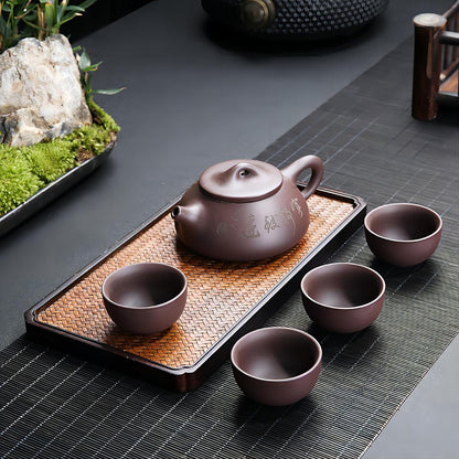 Clay Teapot Teacup Set, 6 oz Chinese Yixing Zisha Teapot with 4 Clay Tea Cups Portable Travel Kungfu Tea Set (Purple clay)