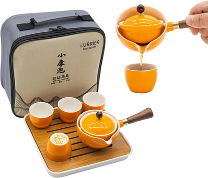 LURRIER 陶瓷中国功夫茶具套装,便携式茶壶套装,带 360 度旋转茶壶和浸泡器,便携式多合一礼品袋,适合旅行、家居、送礼、户外和办公室(花蓝色)