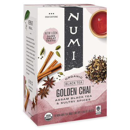 Numi Organic Tea Golden Chai, 18 Count Box of Tea Bags, Black Tea (Packaging May Vary) & Organic Tea Rooibos Chai, 18 Count Box of Tea Bags, Herbal Teasan, Caffeine-Free (Packaging May Vary)