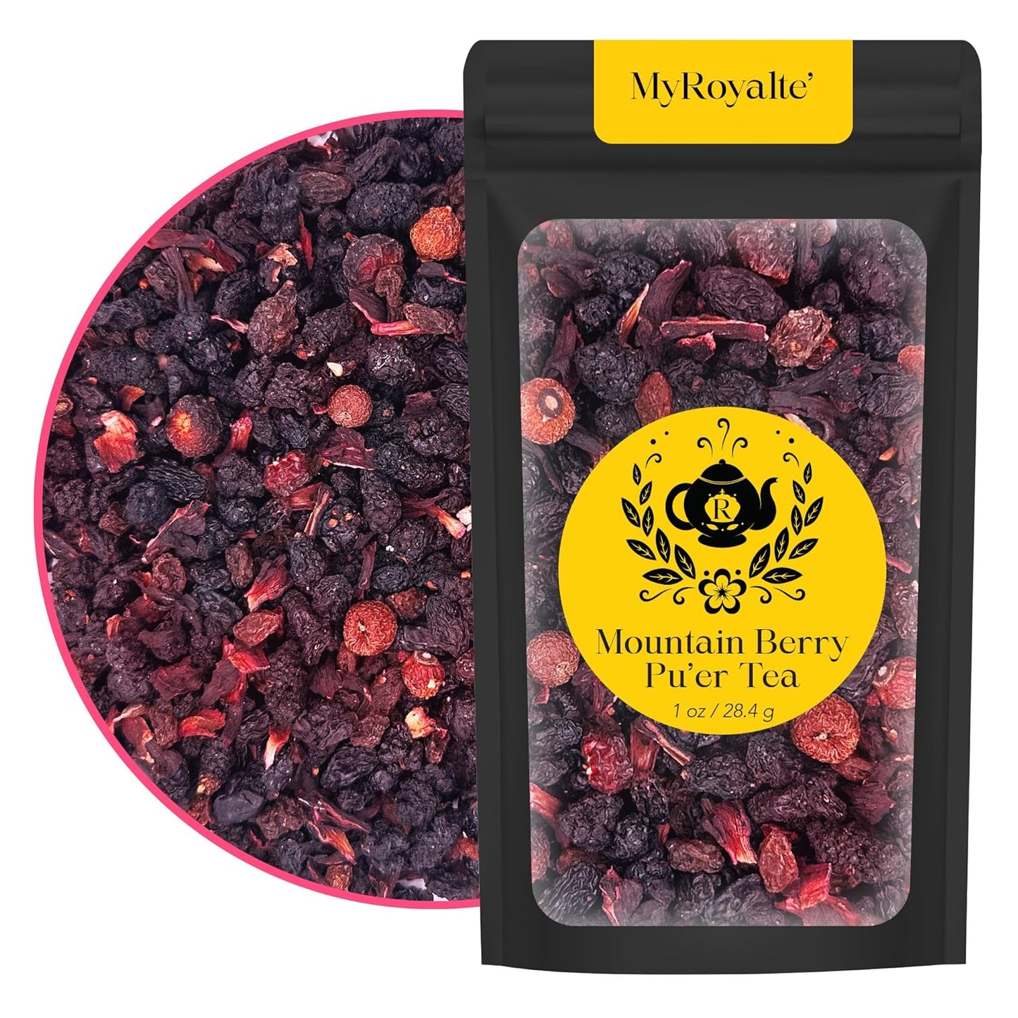 MyRoyalte Pu'Erh Tea Mountain Berry - 1 Oz Loose Tea Leaves with Dried Hibiscus Flowers Mulberry Tea Grapes Blueberries Rosehip Tea - Chinese Pu Erh Tea Black Tea Loose Leaf - Tea Gift for Tea Lovers