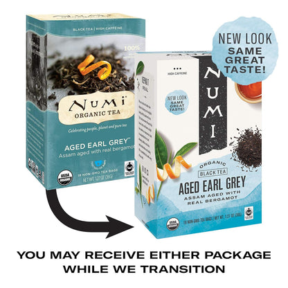 Numi Organic Tea Aged Earl Grey, 18 Count Box of Tea Bags (Pack of 6), Black Tea