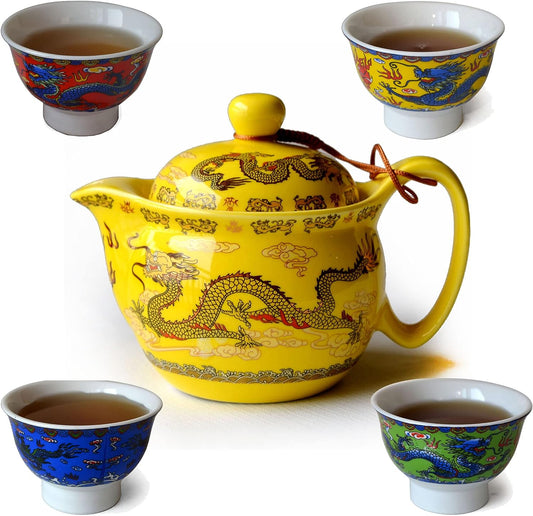 Teapot China Porcelain 12oz Dragon Stainless Steel Teacup 4pcs Gongfu Set Infuser for Loose Tea