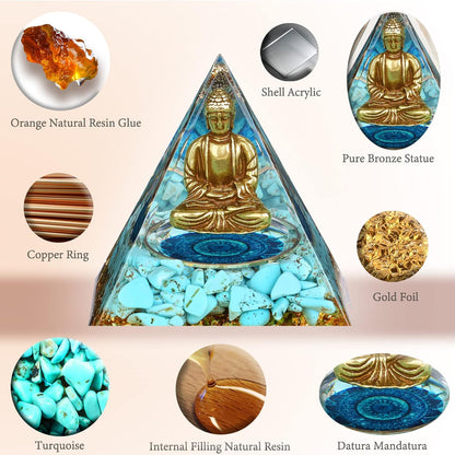 Little Buddha Statue in Healing Crystal Organite Pyramid - Turquoise with Baby Buddha Figurine, Reiki Chakra Meditation Desktop Indoor Buddha Decor