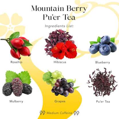 MyRoyalte Pu'Erh Tea Mountain Berry - 1 Oz Loose Tea Leaves with Dried Hibiscus Flowers Mulberry Tea Grapes Blueberries Rosehip Tea - Chinese Pu Erh Tea Black Tea Loose Leaf - Tea Gift for Tea Lovers