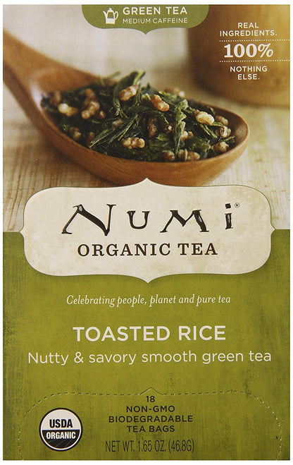 Numi Organic Tea Matcha Toasted Rice, 18 Count Box of Tea Bags (Pack of 6), Green Tea (Packaging May Vary)
