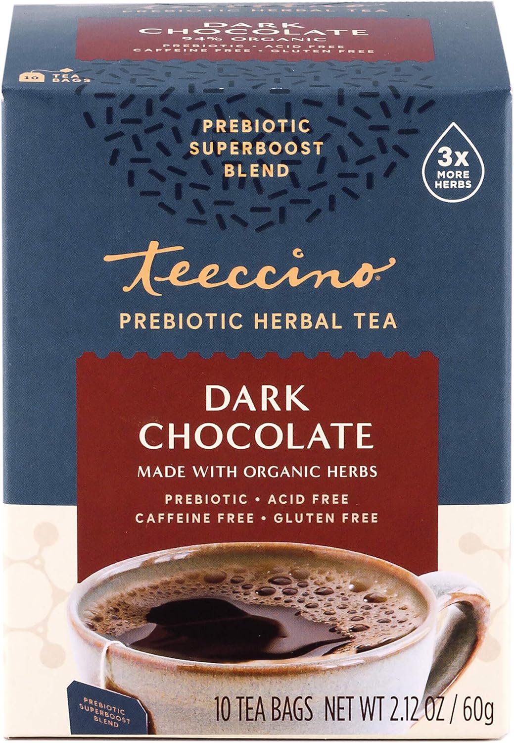 Teeccino Dark Chocolate - Prebiotic Superboost™ Herbal Tea - Support Your Probiotics with Prebiotics for Good Gut Health and Regularity, Digestive Chocolate Tea, 10 Tea Bags