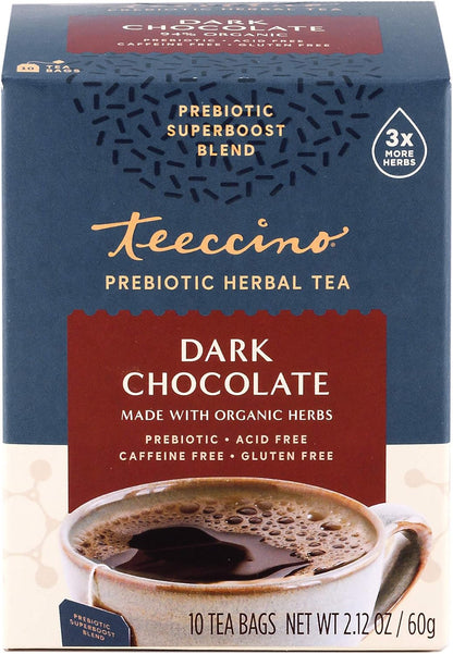 Teeccino Dark Chocolate - Prebiotic Superboost™ Herbal Tea - Support Your Probiotics with Prebiotics for Good Gut Health and Regularity, Digestive Chocolate Tea, 10 Tea Bags