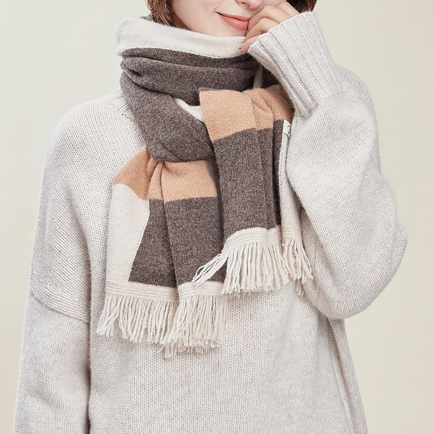 RAN Winter Warm Scarfs Weave Luxury Plaid Scarf Wool Scarf with Tassel, Women Warm Knitted Scarf for Fall and Winter, 14.2" X 72.8" Long (Color : Brown, Size : 14.2" X 72.8")