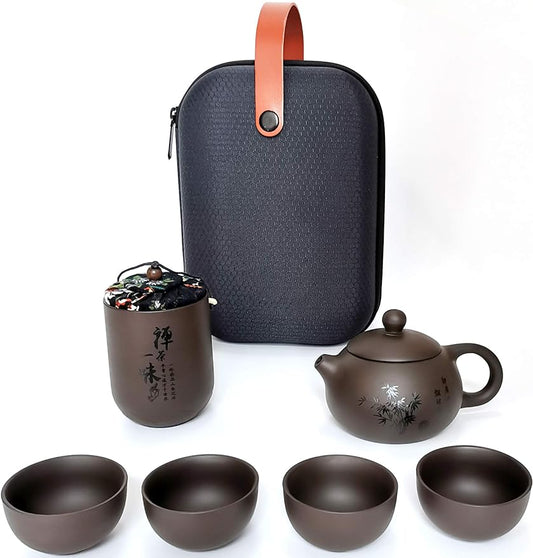 Aeseark Chinese Tea Set – Handmade Portable Purple Clay Tea Set,Gongfu Tea Set,Kung Fu Tea Set, Tea pot Set Porcelain Teapot & Teacups with Travel Bag - As Gifts