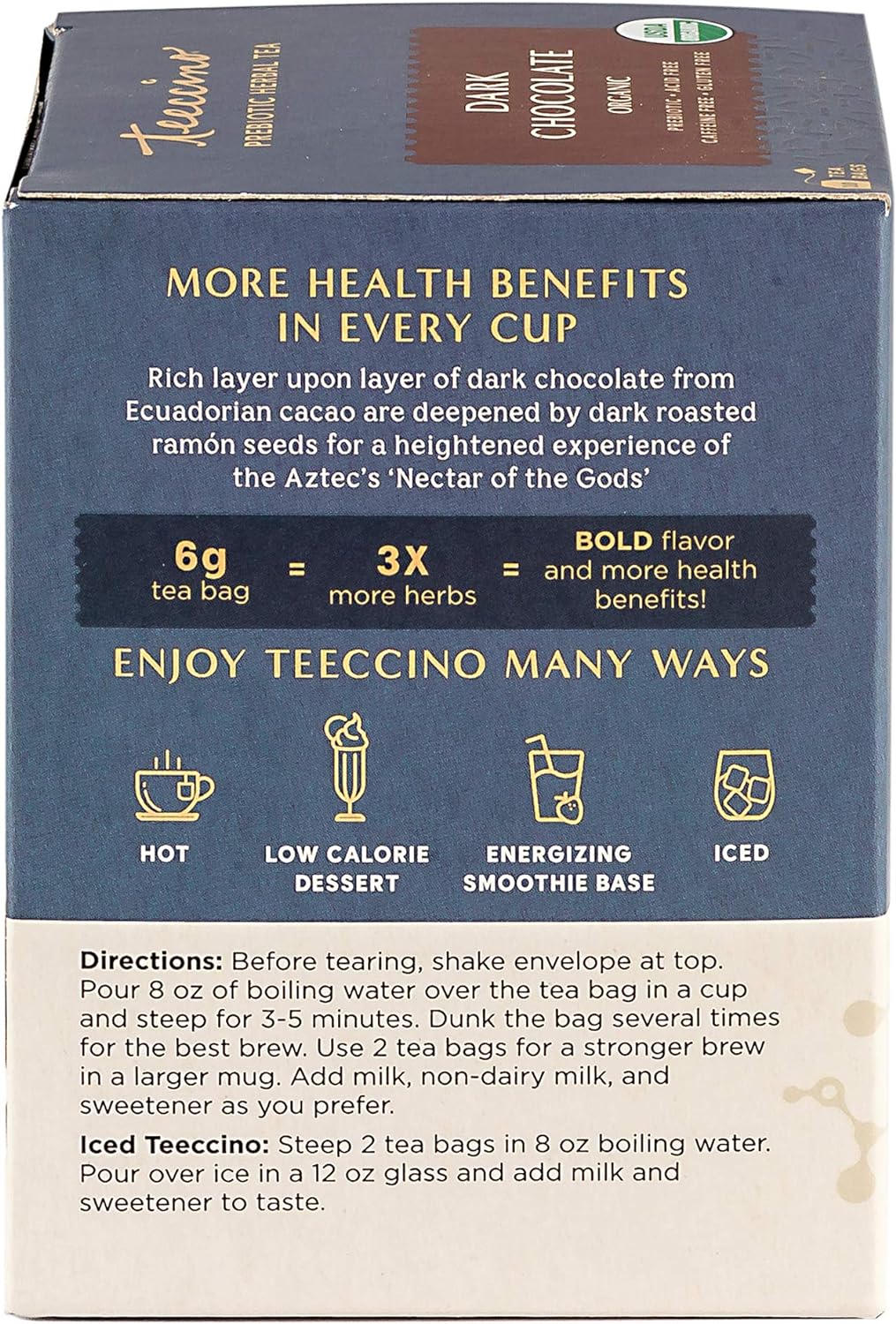 Teeccino Dark Chocolate - Prebiotic Superboost™ Herbal Tea - Support Your Probiotics with Prebiotics for Good Gut Health and Regularity, Digestive Chocolate Tea, 10 Tea Bags