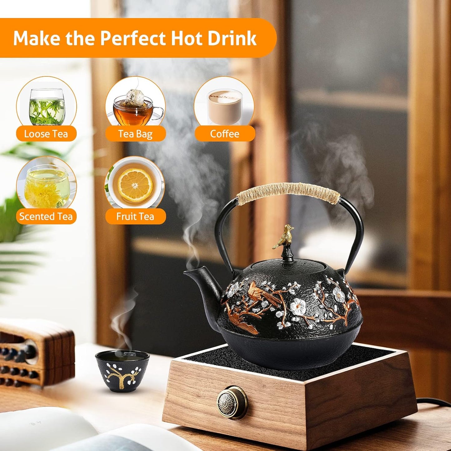 WICHEMI Cast Iron Teapot with Infuser, 720ml/24.5oz Tea Kettle for Stovetop Japanese Style Tea Pot Set with 4 Tea Cups Home Teapot Inside Coated with Enamel, Cast Iron Tea Kettle for Home Use