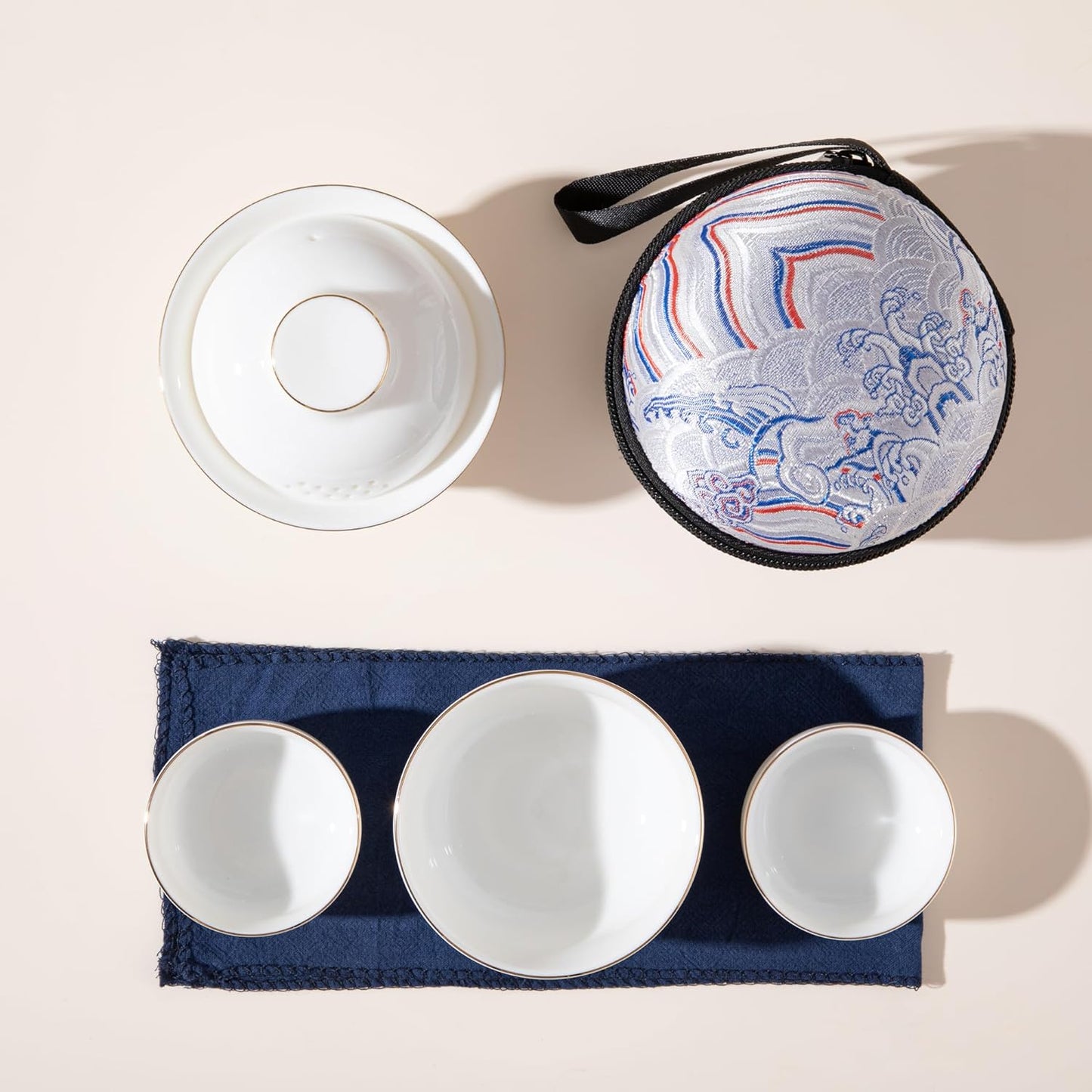SILINE Ceramic Travel Gaiwan Kungfu Tea Set,Chinese Suet Jade White Porcelain Tea Bowl Set,Portable for Home Business Outdoor Hotel (White)