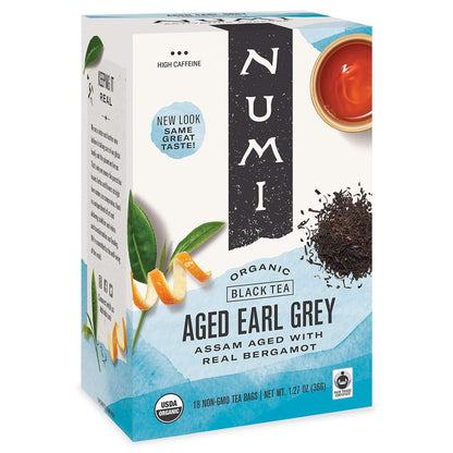 Numi Organic Tea Aged Earl Grey, 18 Count Box of Tea Bags, Black Tea (Packaging May Vary)