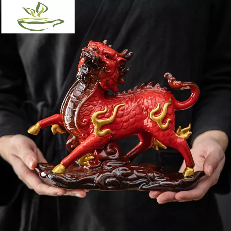Ceramics Fire unicorn statue ，Traditional handmade ，Chinese mascot，Domineering Home Furnishing Living Room Feng Shui statue