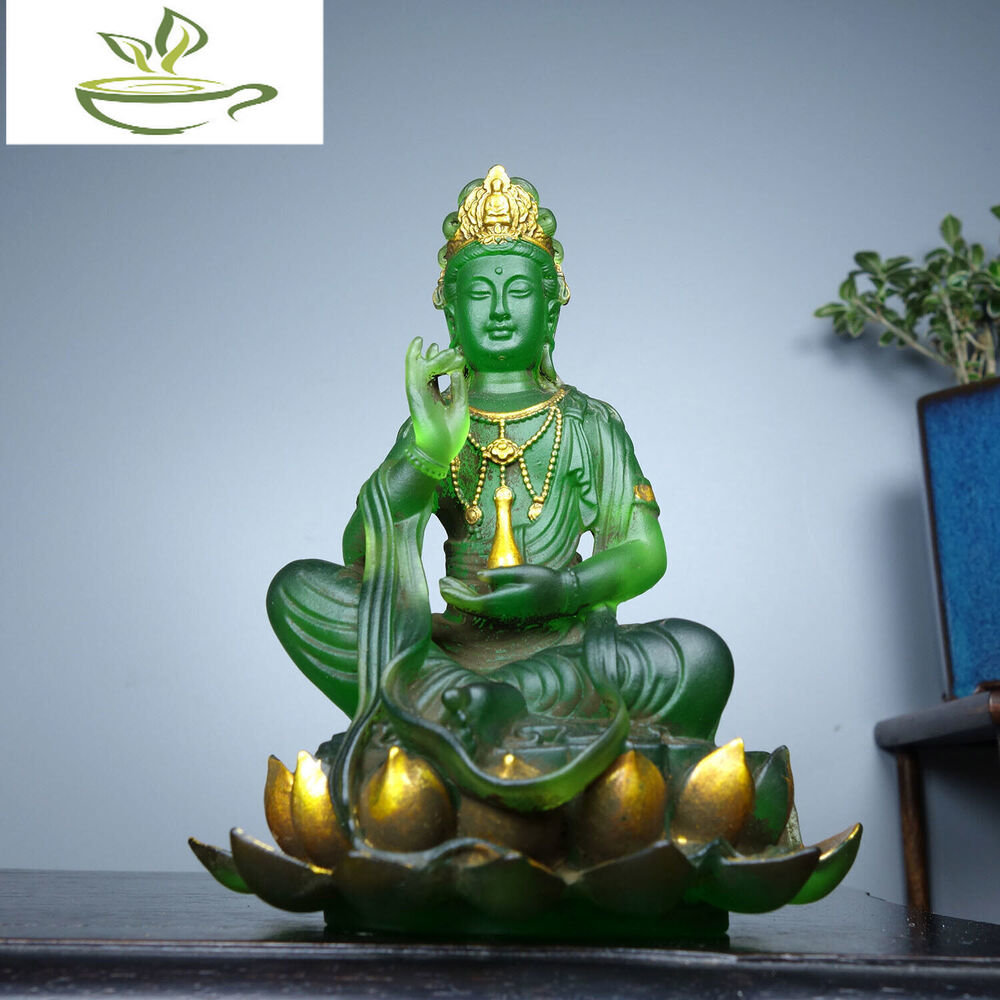 Chinese Old Coloured glaze Handmade Exquisite lotus Guanyin Statue