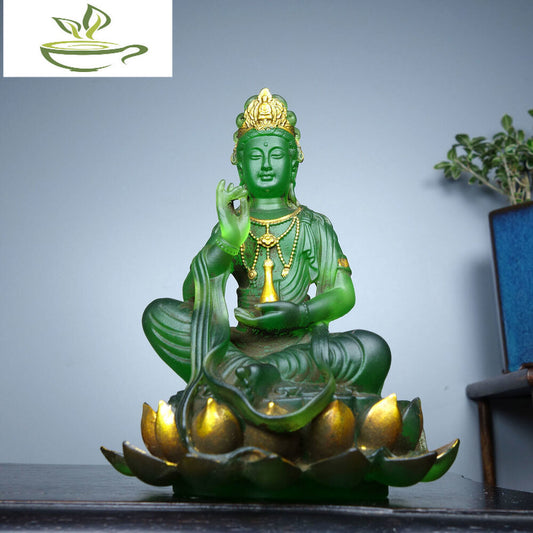 Chinese Old Coloured glaze Handmade Exquisite lotus Guanyin Statue