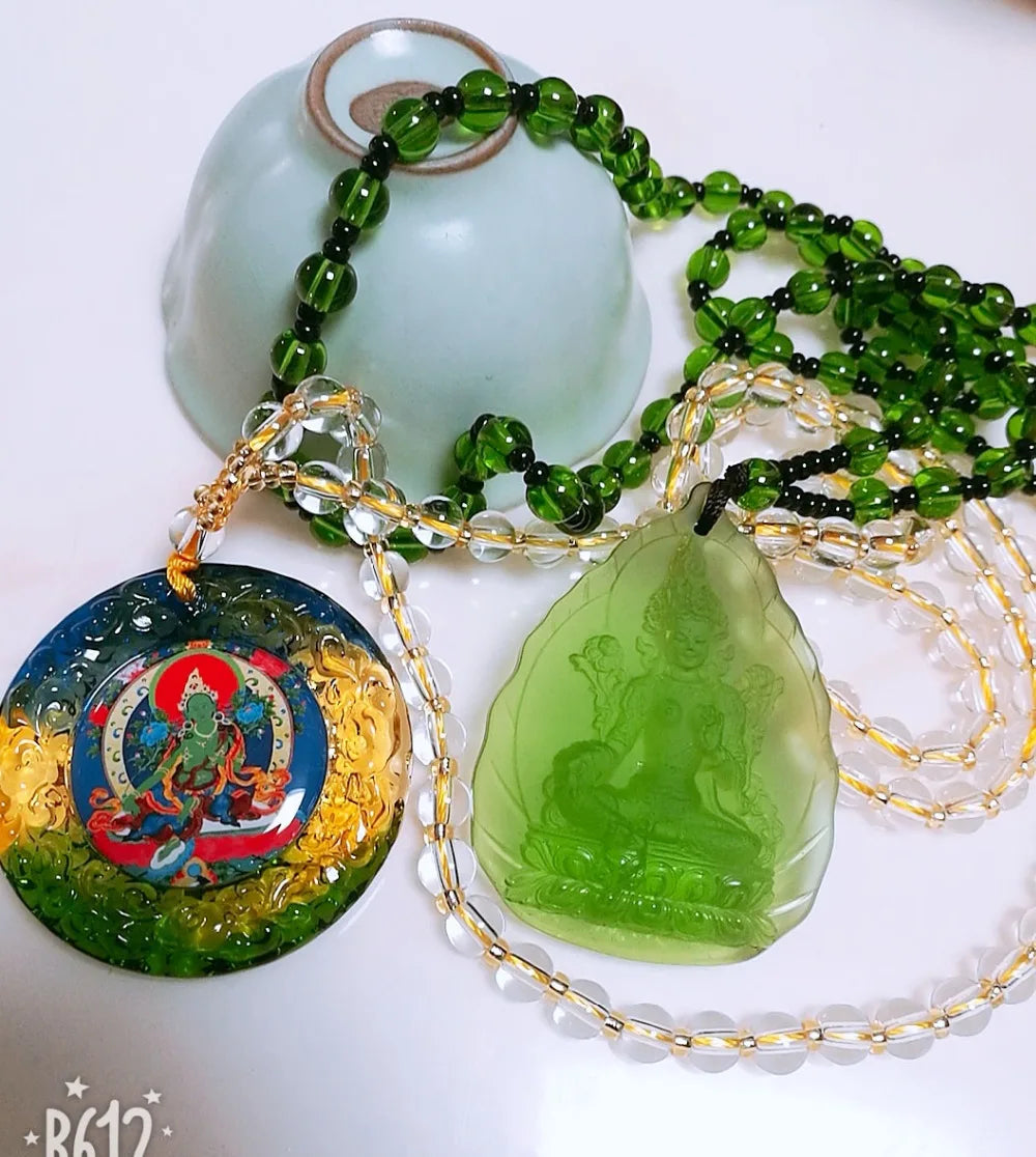 $88 # Special Offer 2PCS Greco-Buddhist pocket travel efficacious talisman Green Tara Buddha Crystal Mantra Pendant Amulet