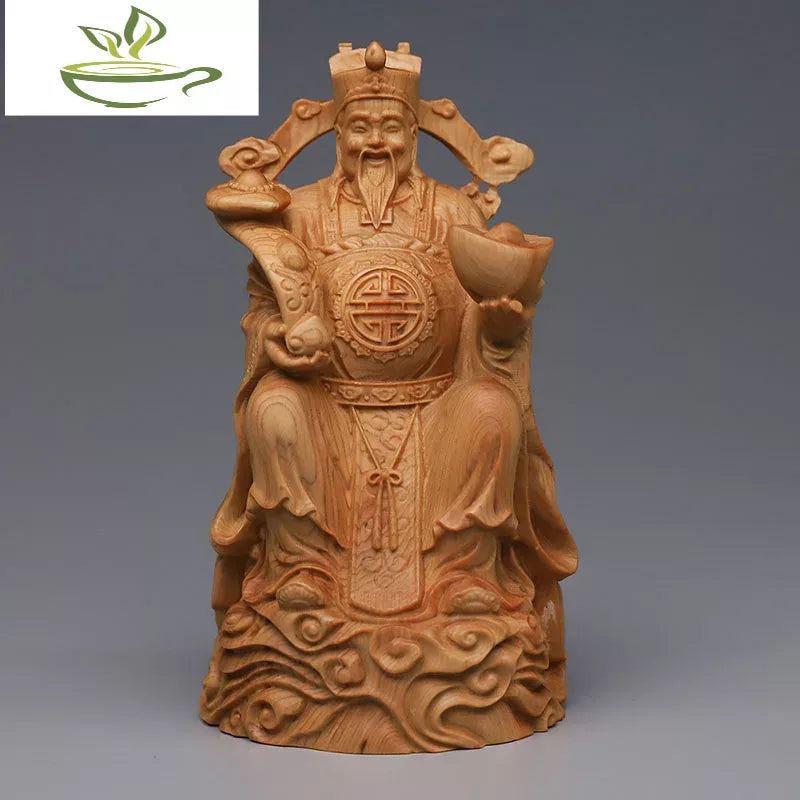 5.5inch Solid Wood Carved Buddha Statue of God of Wealth Modern Art Handmade Lucky Buddha Home Living Room Decoration Statue