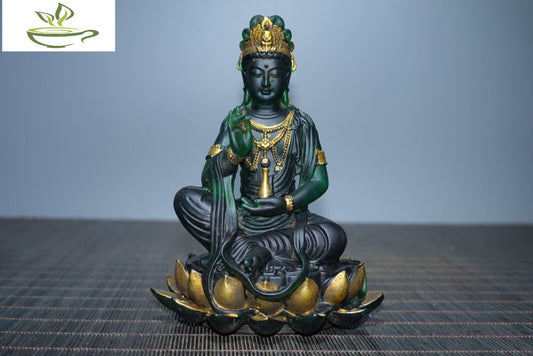 Collect old Chinese coloured glaze gilt hand made lotus Guanyin budddha statue