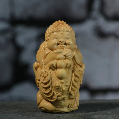 8CM Golden Buddha Statue with Monk Wood Frogs Mascot Home Decor Boxwood Carving