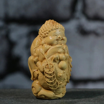 8CM Golden Buddha Statue with Monk Wood Frogs Mascot Home Decor Boxwood Carving