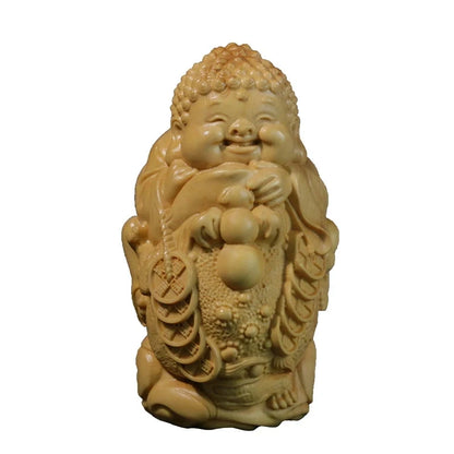 8CM Golden Buddha Statue with Monk Wood Frogs Mascot Home Decor Boxwood Carving