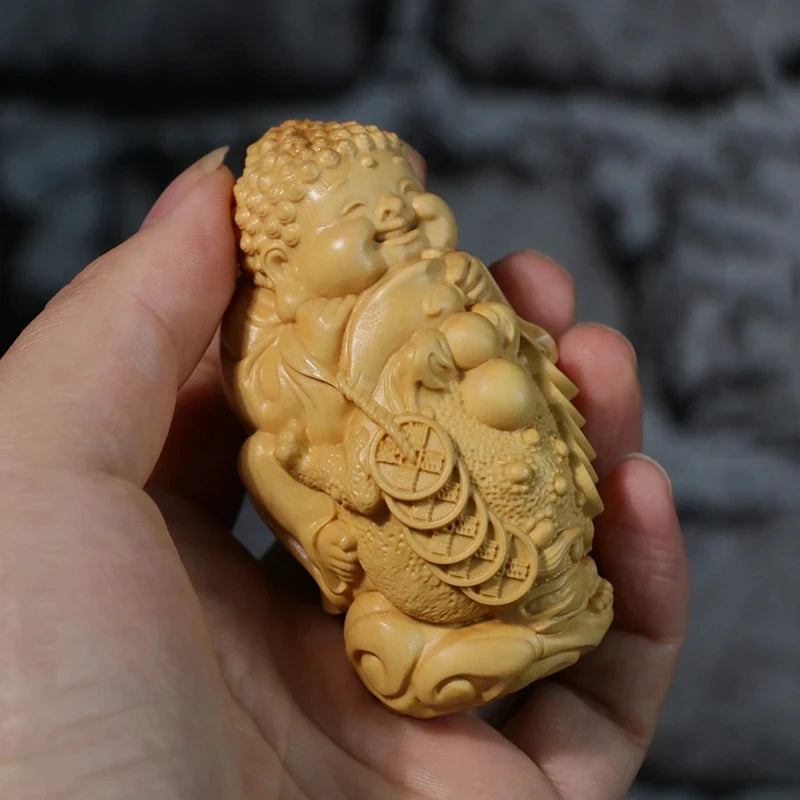 8CM Golden Buddha Statue with Monk Wood Frogs Mascot Home Decor Boxwood Carving