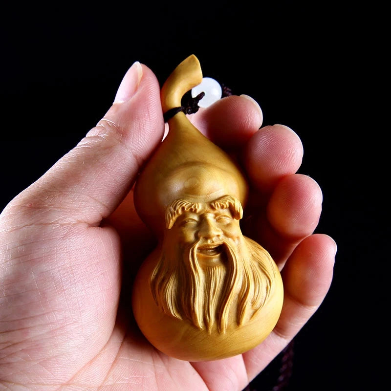8CM Gourd Longevity God Figurines Collection Wood Staute Pendant Boxwood Carving Handicraft Birthday Present