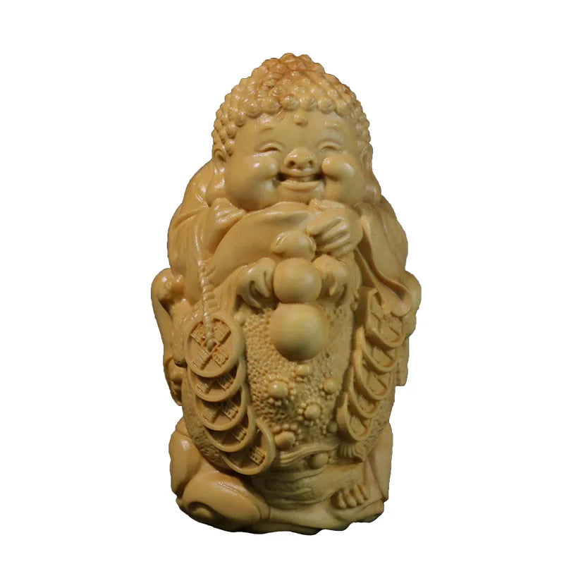 8CM Lucky Rich Toads with Monk Wood Frogs Golden Buddha Statue Animal mascot Home Decor Boxwood Carving