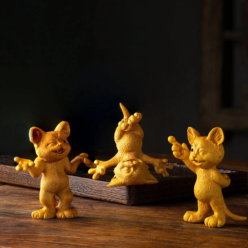 8CM Naughty Cat Statue Wood Animal Statue Three Little Kittens Arts Crafts Solid Wood Statue Lucky Statue Home Decoration