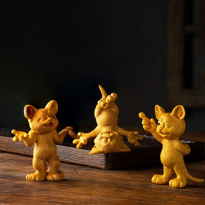 8CM Naughty Cat Statue Wood Animal Statue Three Little Kittens Arts Crafts Solid Wood Statue Lucky Statue Home Decoration