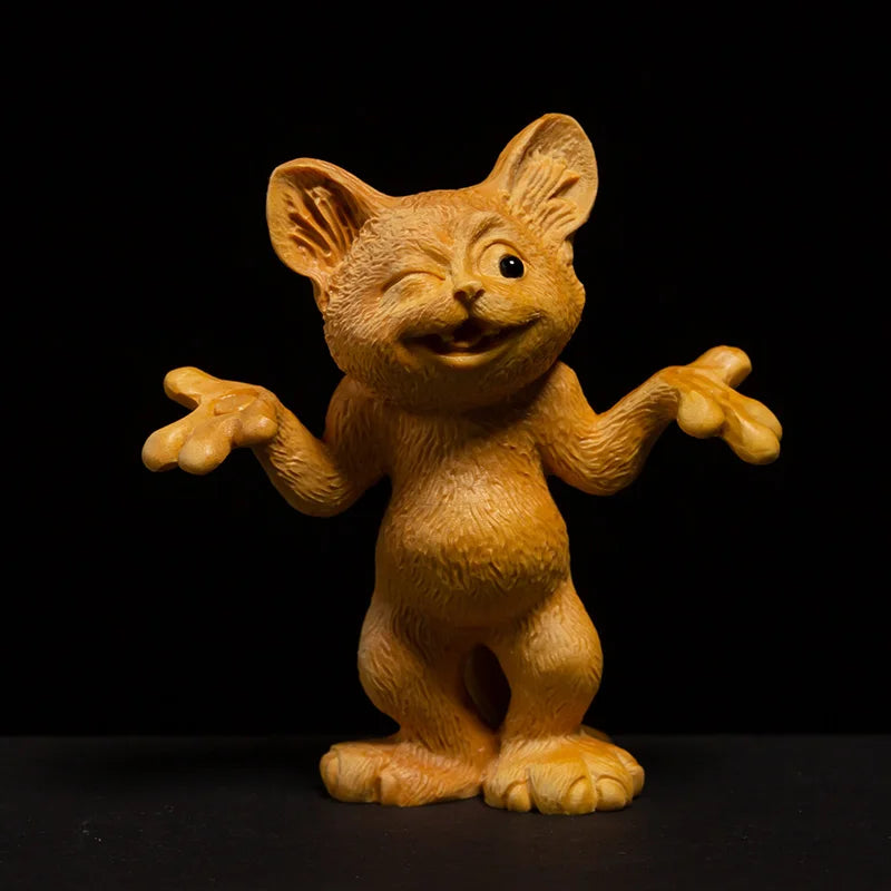 8CM Naughty Cat Statue Wood Animal Statue Three Little Kittens Arts Crafts Solid Wood Statue Lucky Statue Home Decoration