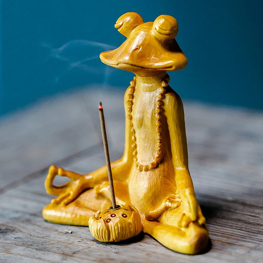 8CM Sitting Frog Meditation Incense Burner Handmade Carved Wood Animal Statue Arts Crafts Lucky Statue Home Decoration