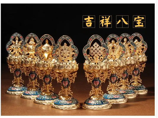 8PCS #  High-grade Tibet Nepal Buddhism Temple efficacious Tantric ritual gilding Eight Auspicious Symbols of Buddhism Statue