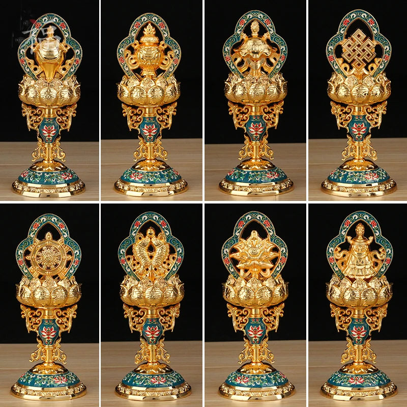 8PCS #  High-grade Tibet Nepal Buddhism Temple efficacious Tantric ritual gilding Eight Auspicious Symbols of Buddhism Statue