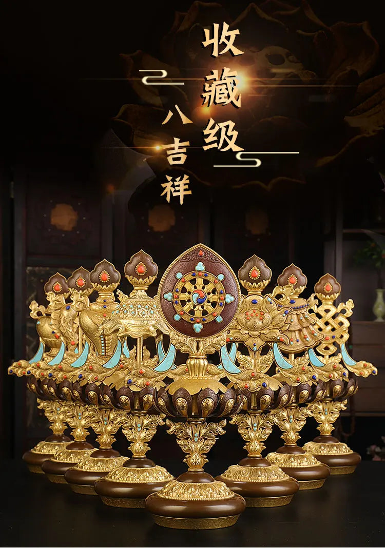 8PCS large # high-grade Buddhism home altar Shrine efficacious Worship Talisman gilding Eight auspicious symbols copper statue