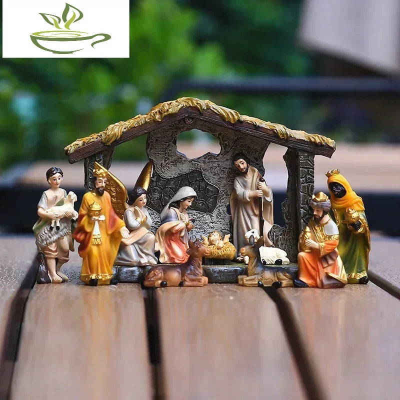 12pcs Set Christmas Manger Nativity Scen Real Life Nativity Figurines Jesus Crib Ornament Holy Family Christian Statue Decor
