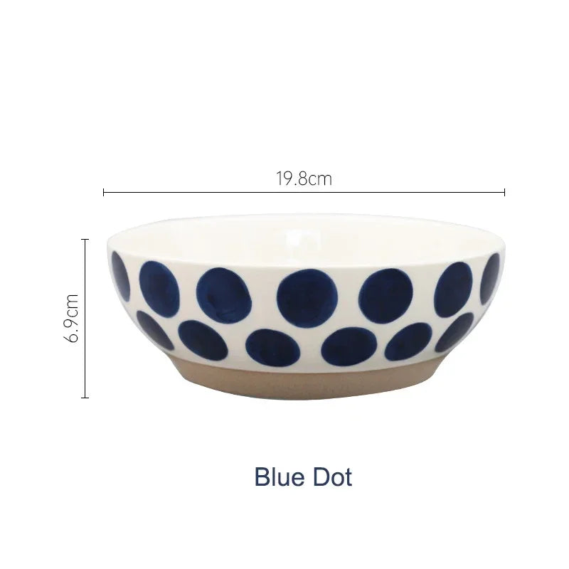 8inch Ceramic Large Ramen Bowl Red Blue Dot Soup Salad Bowl Porcelain Japanese Noodle Bowl Dinnerware