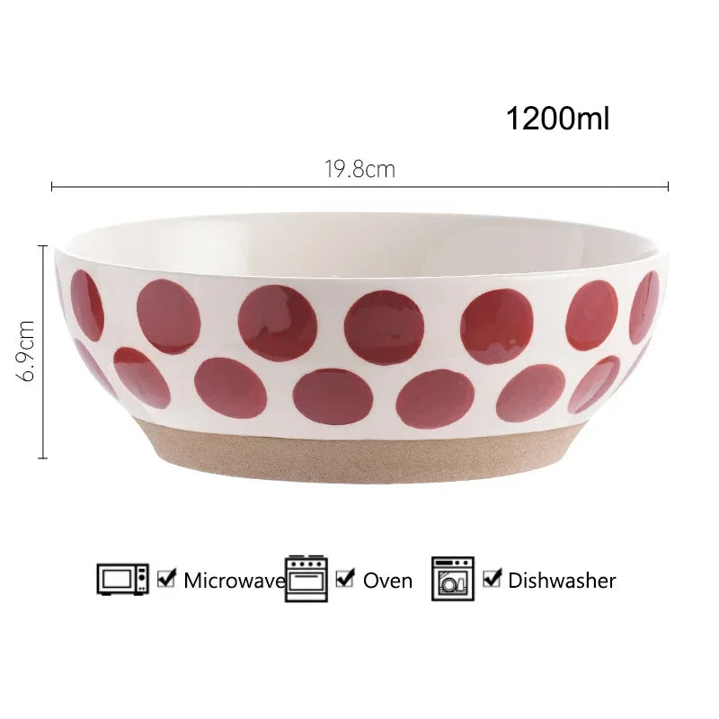 8inch Ceramic Large Ramen Bowl Red Blue Dot Soup Salad Bowl Porcelain Japanese Noodle Bowl Dinnerware