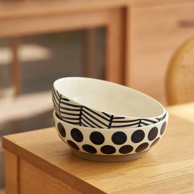 8inch Ceramic Large Ramen Bowl Red Blue Dot Soup Salad Bowl Porcelain Japanese Noodle Bowl Dinnerware