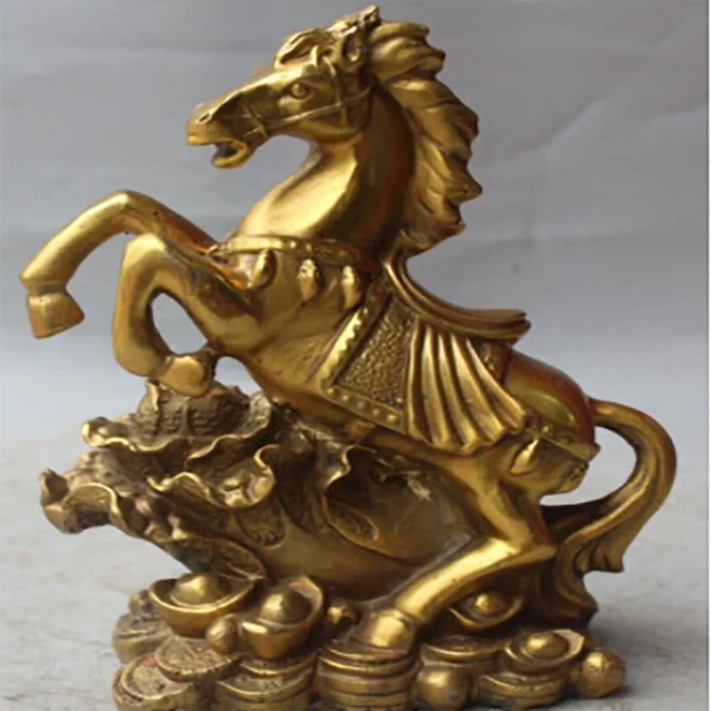 8inch Chinese Bronze FengShui Wealth Zodiac Animal Success Horse YuanBao Statue
