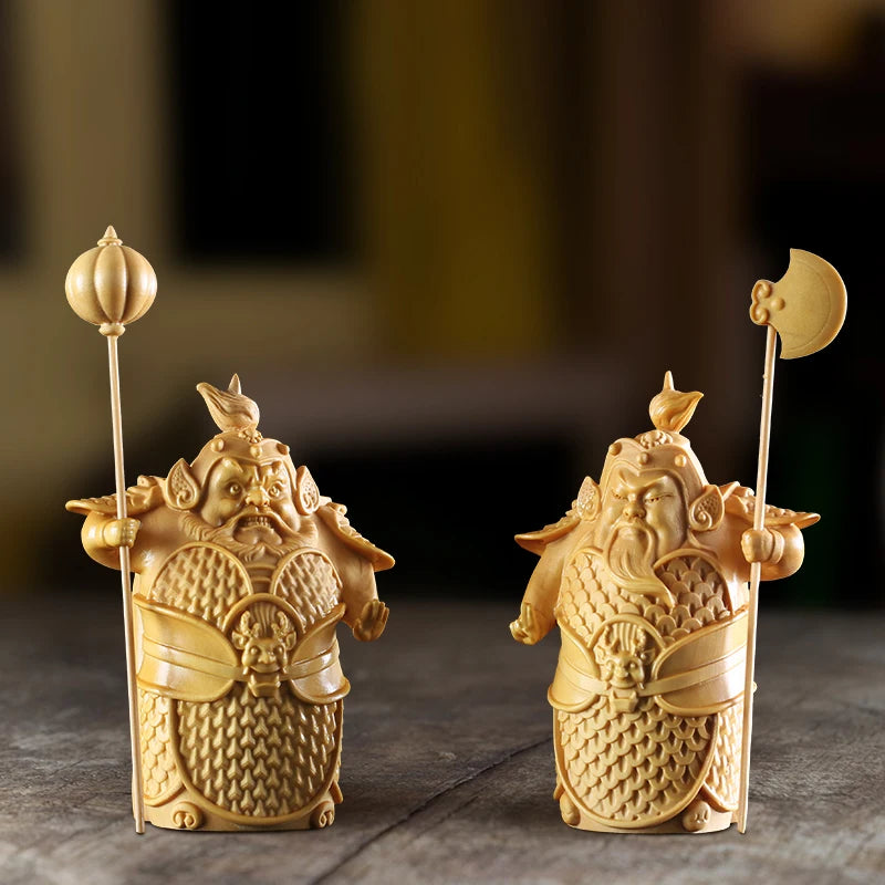 9.5/12.5CM Hengha Two Gods Wood Statue Door Gods Chinese Mythology wood Carving Figure Home Decoration Chinese mythology figure