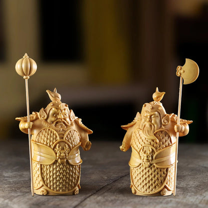 9.5/12.5CM Hengha Two Gods Wood Statue Door Gods Chinese Mythology wood Carving Figure Home Decoration Chinese mythology figure