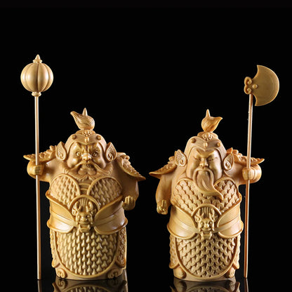 9.5/12.5CM Hengha Two Gods Wood Statue Door Gods Chinese Mythology wood Carving Figure Home Decoration Chinese mythology figure