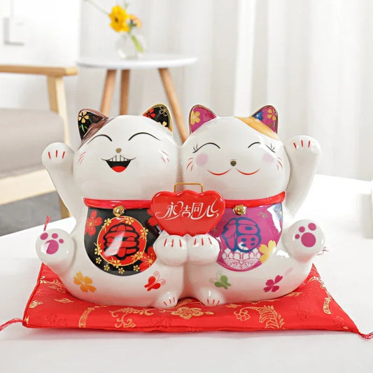 9.5 inch Ceramic Maneki Neko Statue Lucky Cat Money Box Fortune Cat Piggy Bank Feng Shui Figurine Wedding Gift Marriage License