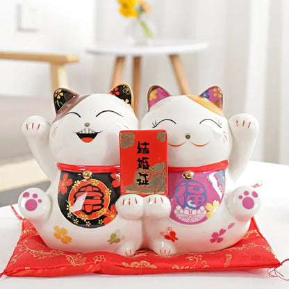 9.5 inch Ceramic Maneki Neko Statue Lucky Cat Money Box Fortune Cat Piggy Bank Feng Shui Figurine Wedding Gift Marriage License